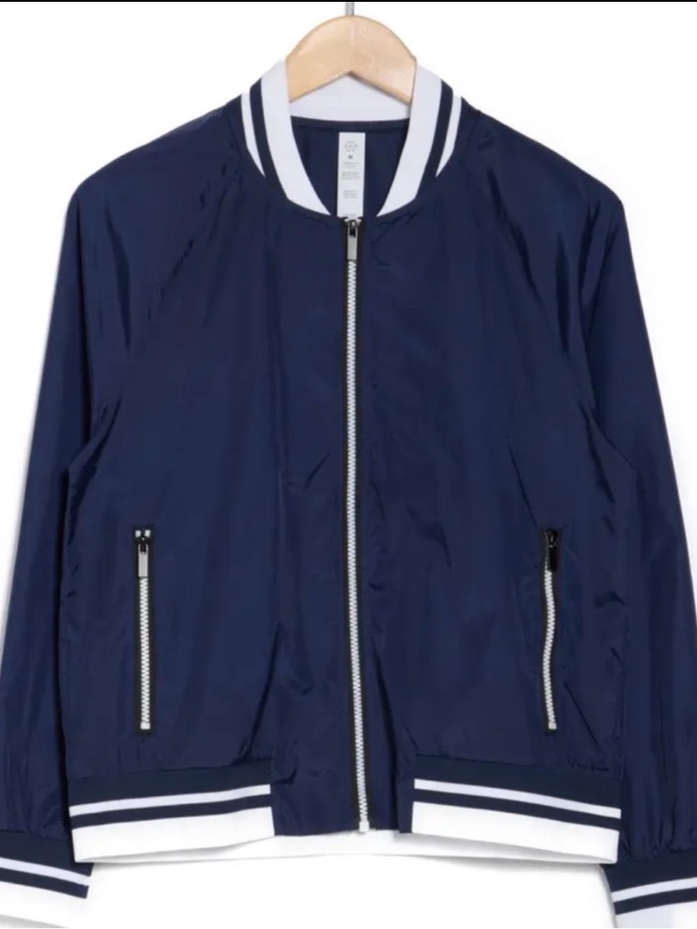 Nanette Lepore Navy White Rib Trim Woven Bomber Jacket S NWT UPF 50+